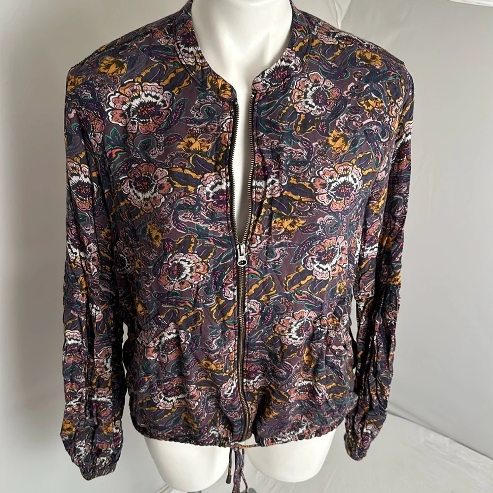 Free People multicolor blue violet floral soft print balloon sleeve jacket
